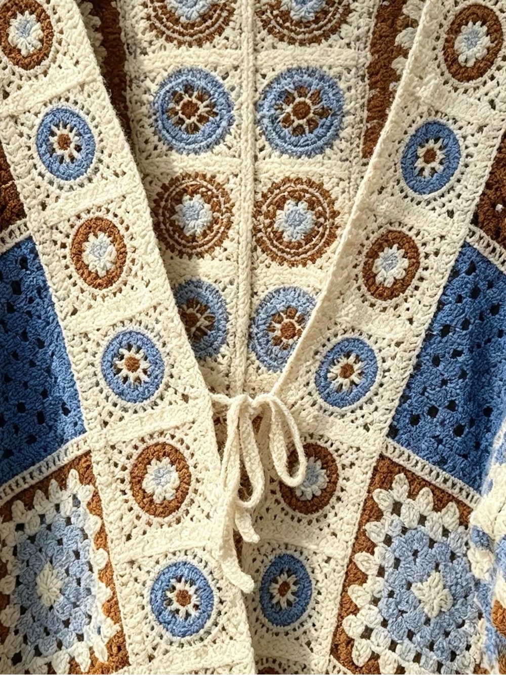 Boho Crochet Patchwork Cardigan Sweater - Multicolor Blue New One Size Fits Most - Picture 5 of 6
